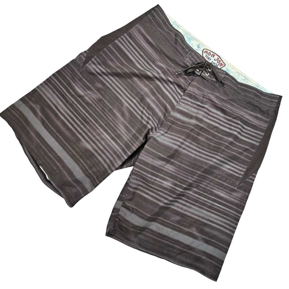 Ron Jon Surf Shop Board Shorts Men's 38 Black Gray Striped 4-Way Stretch‎ Swim